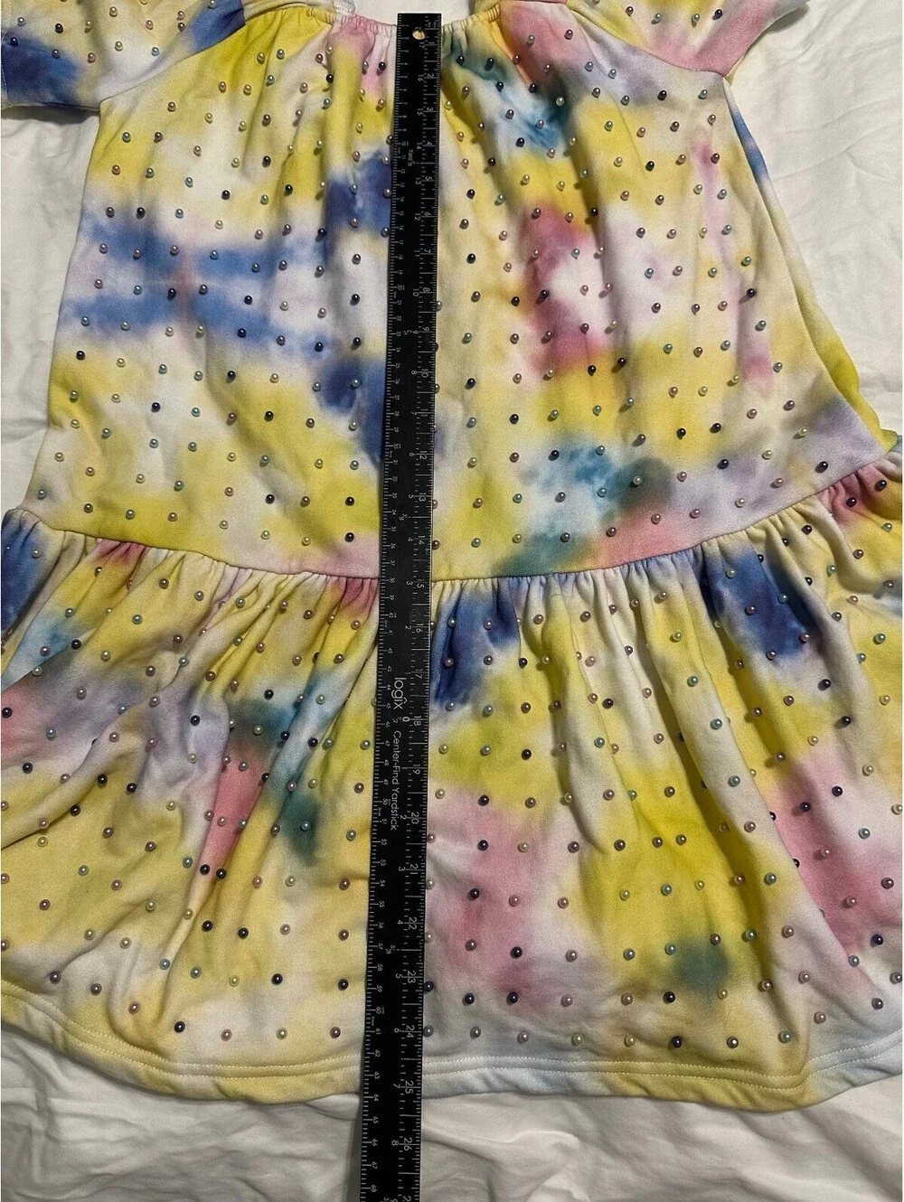 Queen of Sparkles Rainbow Tie-Dye Pearl Embellished Puff sleeve Mini Dress Small